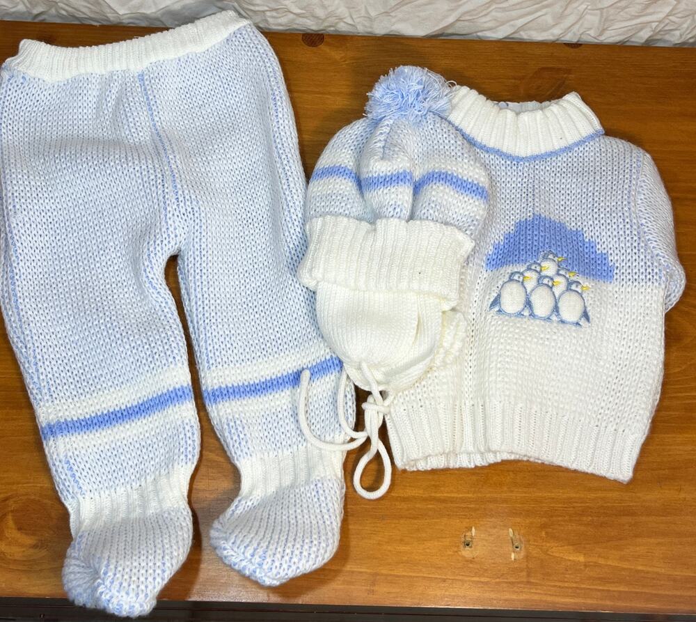 VTG Baby Boy Knit Sweater Set 3-6 Months Blue Penguin Outfit Hat Footed Pants